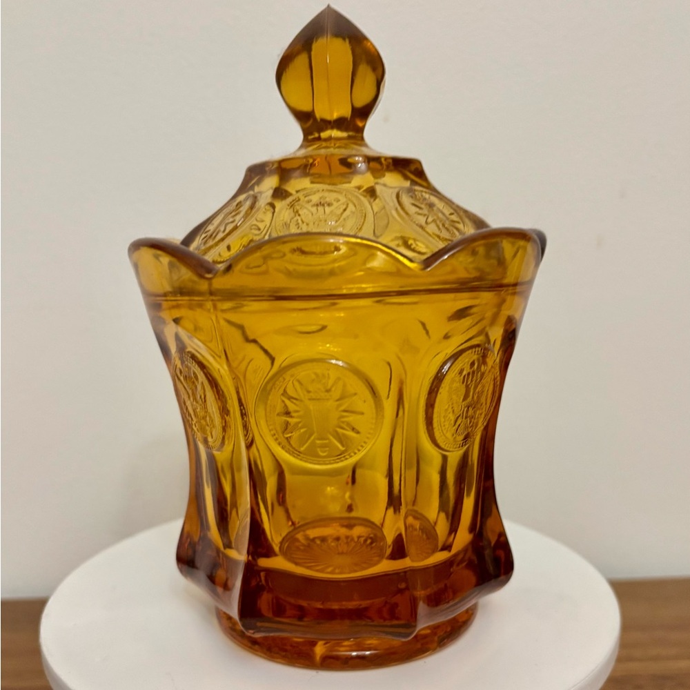 Vintage Fostoria Amber Glass Decorative Jar coin pattern